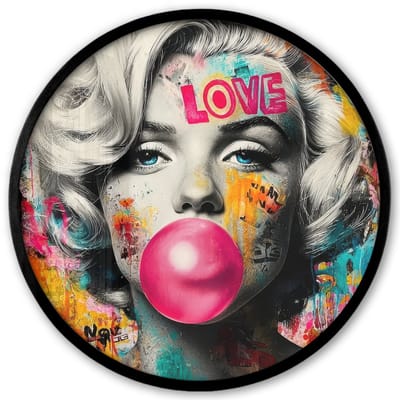Poster in lijst Rond - Fotolijst 40x40 cm - Posters - Vrouw - Kauwgom - Graffiti - Neonkleuren - Ronde posterlijst zwart - Decoratie - Wanddecoratie woonkamer - Muurdecoratie slaapkamer