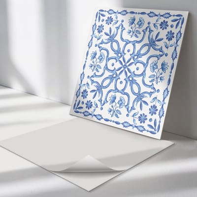 Wallfluent Vinyl Tegels - Bloemen decoratief Patroon Zelfklevende PVC Tegels - 30 cm x 30 cm - Blauw Vinyl Tegels - Set van 9 - Vierkant PVC Tegels - Patroon Plaktegels - Vinyl Vloer Tegels - Plaktegels Keuken en Badkamer