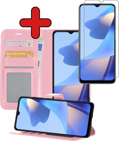 Hoesje - Met Screenprotector - Geschikt voor OPPO A16s - Luxe Pasjeshouder - Flipcase - Bookcase Portemonee - Flip Case - Kunstleer Book Case - Book Cover - Walletcase - Portemonneehoes - Telefoonhoes - Lichtroze