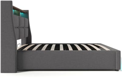 Kleinkindbed 210 x 95 x 117 cm gestoffeerd bed zonder matras, linnen, metalen lattenbodem, met USB-oplaadfunctie en LED-verlichting, voor slaapkamer, jeugdkamer, logeerkamer