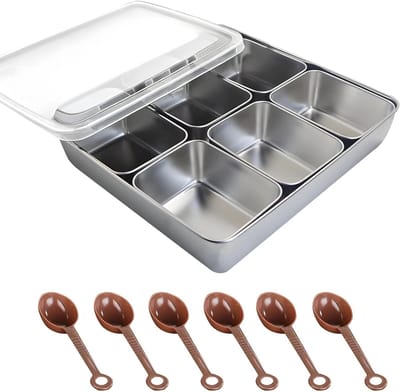 Organiseer je kruiden met deze RVS kruidenbox set met 6 compartimenten, deksels en lepels voor optimale opslag en gebruiksgemak