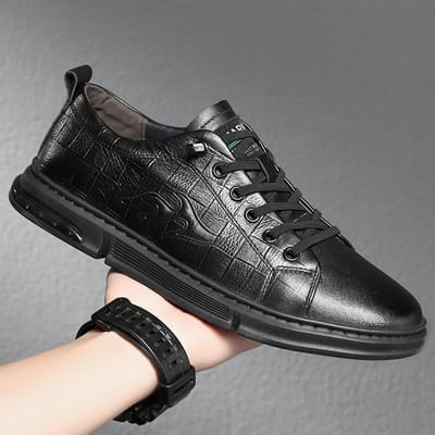Echte Zwarte Sneakers Herenschoenen Trendy Schoenen Lente en Herfst Nieuw Toplaag Koeienhuid Geprint Casual Leren Schoenen Herenschoenen 44 zwart