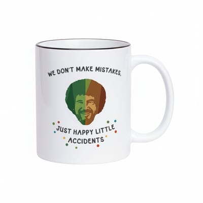 330ml Motivatie Koffiemok - 'We Maken Geen Fouten, Alleen Gelukkige Kleine Ongelukjes' - Bob Ross Geïnspireerd Ontwerp