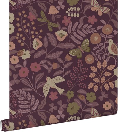 ESTAhome behang bloemen en vogels aubergine paars - 50 x 900 cm - 131639