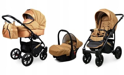 BabyLux® Kinderwagen 3in1 – MIRACLE - GOLD BRAID - Opklapbare Wandelwagen incl. Reiswieg, Multifunctionele Buggy Sportstoel, Autostoel - Combi-kinderwagen met Luiertas, Regenhoes, Klamboe, Bekerhouder, etc.