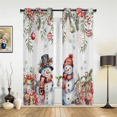 Roze Romantische Sneeuwman Gordijnen Rood Blauw Kerst Decor Gordijnen Woonkamer Slaapkamer Keuken Balkon Raam Decor 2 Panelen 50W130H(CM)X2PCS&Hook