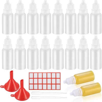 20 Stuks 15ml Lege Flessen, Druppelflessen, Plastic Doseerflessen voor Essentiële Olie, Met Trechter, Pipet en Stickers