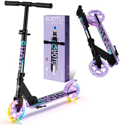 Suotu Kinderstep - 145mm Lichtgevende Wielen - Step - Speelgoed Jongens/Meisjes - Max stuurhoogte: 85 cm - Aluminium - Zwart/Paars