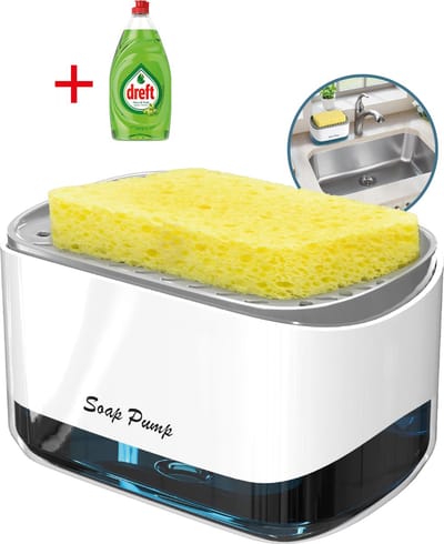 Zeeppomp - 2 in 1 - Sponshouder - Zeepdispenser - Afdruiprek - Inclusief Spons - Aanrecht - Keukenaccessoire - Gootsteen - Gadgets - Dreft