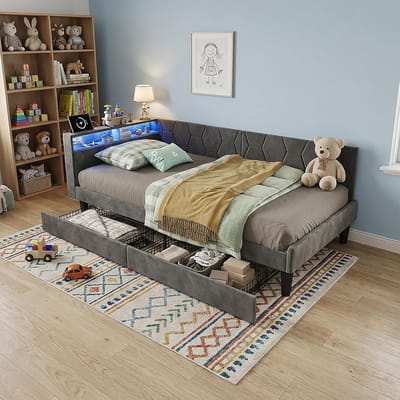 Gestoffeerd Eenpersoonsbed - Functioneel Dagbed - Slaapruimte Optimaliseren - Geïntegreerde Laden - 90 x 200 cm - Grijs