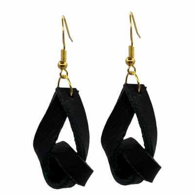 Lange Oorbellen-Leer-zwart-Goudkleurig Zilver 925- Knoop -Charme Bijoux