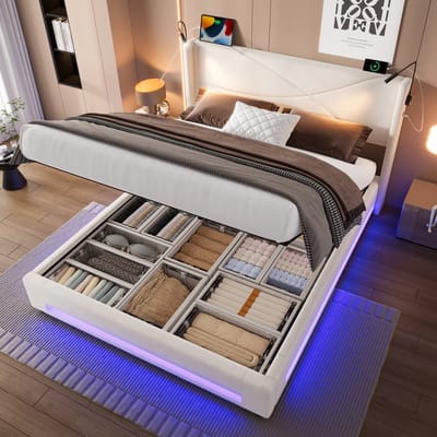 Tweepersoonsbed 140x200 cm met LED-verlichting - Tweepersoonsbedden - Volwassenenbed met bedframe - Inclusief hoofdbord - Metalen frame - Beige
