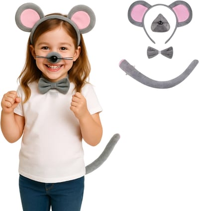 Joya Kids® Muis Verkleed Accessoires | Verkleedset Mouse | Meisjes en Jongens en Volwassenen Verkleedpak Muisje | Carnaval en Halloween Outfit kinderen en volwassen | Haarband met Oren, Neus, Staart en Strik | Grijze Muis