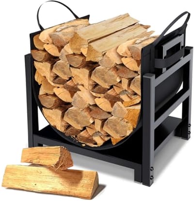 Brandhout Rack Log Houder met Houten Carrier - Gepoedercoat Staal - 110LB Capaciteit - Ideaal voor Binnengebruik