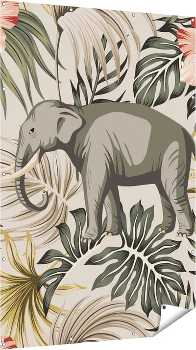 Gards Tuinposter Tropisch Getekende Olifant - Abstract - 120x180 cm - Tuindoek - Tuindecoratie - Wanddecoratie buiten - Tuinschilderij