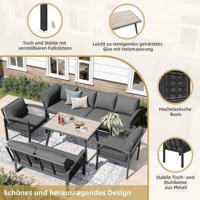 Tuinmeubelset 8 Personen met Hoekbank en Tafel 234x69x86 cm – Outdoor Loungeset van Verzinkt Staal & Handgevlochten Touw met Dikke Kussens – Weerbestendig voor Tuin, Balkon & Terras – Grijs – Laura