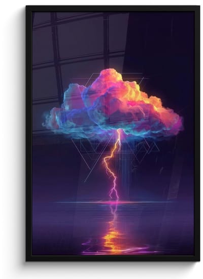 Poster in lijst - Fotolijst 60x90 cm - Posters - Donderwolk - Bliksemschicht - Licht - Blauw - Posterlijst zwart - Decoratie - Wanddecoratie woonkamer - Muurdecoratie slaapkamer
