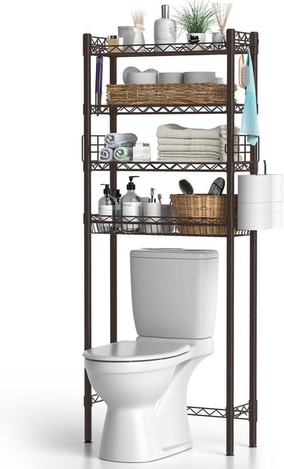 Hodonas Opslagplank boven toilet, 4-laags badkamerorganizer opbergplanken boven het toilet, verstelbaar vrijstaand boven het toiletrek boven het toiletrek Badkamer ruimtebesparend over toilet,