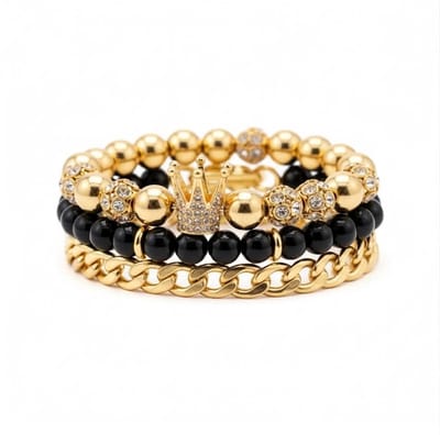 Set van 3 armbanden voor heren – goudkleurige schakelarmband, zwarte kralenarmband en goudkleurige kralenarmband met kroon hanger