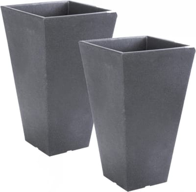 Hoge bloempot voor buiten - 2x stuks - kunststof - antraciet grijs - 24 x 24 x 35 cm - vierkant