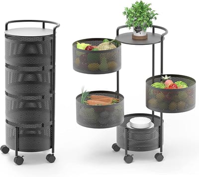 Mand met 5 niveaus met wieltjes voor het opbergen in de keuken, zwart