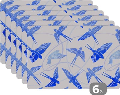 Placemat - Placemats kunststof - Patroon - Blauw - Vogel - 45x30 cm - 6 stuks - Hittebestendig - Anti-Slip - Onderlegger - Afneembaar