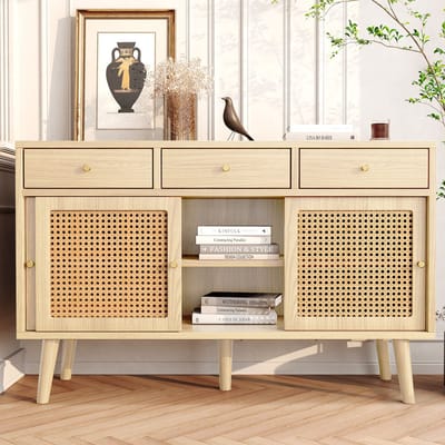 Sweiko Kast, Dressoir, Commode met 3-lades en 3-schuifdeuren, Rotan gaas op de deurfronten, poten van massief hout, gouden metalen handvat, verstelbare planken, Eiken, 120x 40x78cm