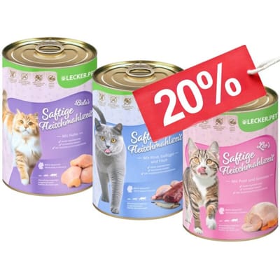 18 x 400 g Lecker.Pet® Baloo's, Emily's & Leo's Sappige Vleesmaaltijd Kattenvoer Natvoer Mix Compleetvoer - 6 blikken van elke soort