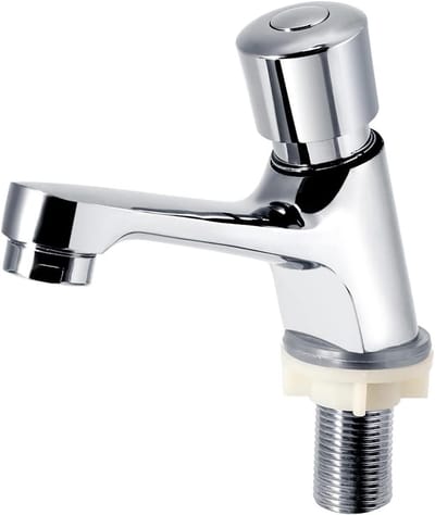 Atyhao Bathroom Basin Faucet, Chrome Self Closing Faucet Single Handle Cold Water Faucet Bathroom Basin Accessories Basin Faucets