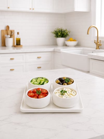 Mevaz Snackbowls Set van 4 met Dienblad – Keramische Dipschaaltjes – Wit – Tapas Schalen – Borrelset – Serveerschaaltjes voor Olijven, Noten, Kaas, Groenten & Snacks – Luxe Serveerset
