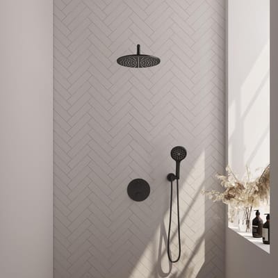 Brauer Black Edition thermostatische inbouw regendouche 3-weg rond SET 82 met 30 cm douchekop en gebogen muurarm en 3-standen handdouche en doucheslang en wandaansluitbocht mat zwart