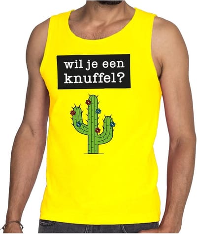 Wil je een Knuffel tekst tanktop / mouwloos shirt geel heren - heren singlet Wil je een Knuffel? S