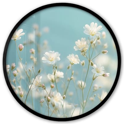 Poster in lijst Rond - Fotolijst 40x40 cm - Posters - Stengels - Bloemen - Lucht - Wit - Ronde posterlijst zwart - Decoratie - Wanddecoratie woonkamer - Muurdecoratie slaapkamer