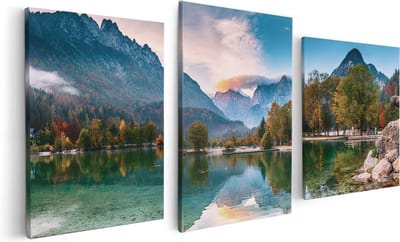 Artaza Canvas Schilderij Drieluik Meer In De Bergen Met Een Geit Standbeeld - 120x60 cm - Wanddecoratie Woonkamer - Schilderijen - Muurdecoratie