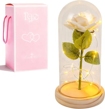 Eeuwige Roos - Glazen Bloem - Decoratie Cadeau - Warm Ledlicht - 10 x 21 cm - Wit