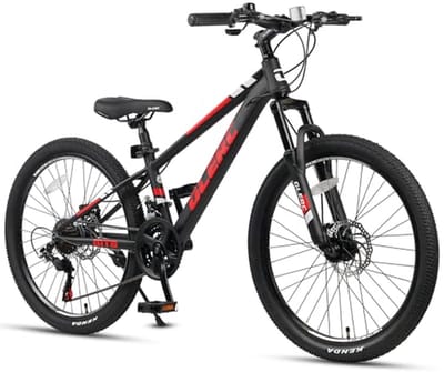 Kinder Mountainbike - Jongensfiets Meisjesfiets - Buiten Avontuur - 21 Versnellingen Schijfremmen - 24 Inch - Zwart