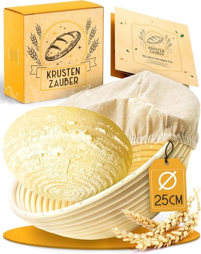 KRUSTENZAUBER Garrmand voor brood bakken rond 25 cm - Ronde rijsmand van rattan met rijstdoek - Broodbakaccessoire, broodmand, broodvorm, zuurdesemaccessoire, rijsfolie, broodmandje