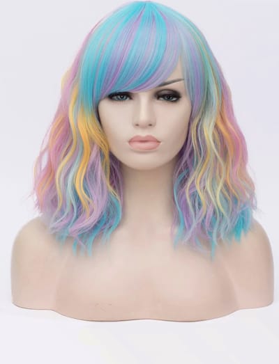KIMU® Luxe Pastel Regenboog Pruik Schouderlengte Schuine Pony Krullen - Unicorn Eenhoorn Festival