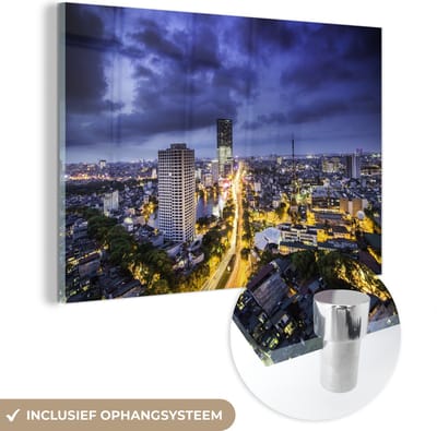 ® Glasschilderij 180x120 cm - Schilderij acrylglas - Hanoi - Avond - Stad - Foto op glas - Muurdecoratie woonkamer - Wanddecoratie slaapkamer - Schilderijen
