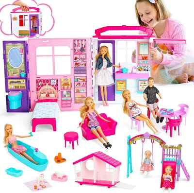 Opvouwbaar Poppenhuis - Draagbare Speelset - Rollenspel Avonturen - 6-in-1 Speelruimtes - Meer dan 60 Accessoires - Veelkleurig