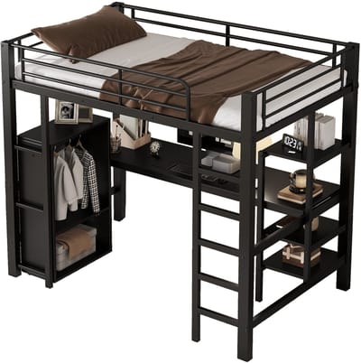 REDOM - Hoogslaper met Kledingkast – 90x200 cm – Met 2m Bureau en Planken – Metaal en MDF – Zwart – Ultieme Ruimtebespaarder