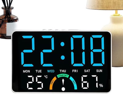 VHV - Digitale klok - LED klok met groot blauw display - Tijd, dag, temperatuur en luchtvochtigheid - Voor muur, tafel, woonkamer en kantoor - Blauwe weergave