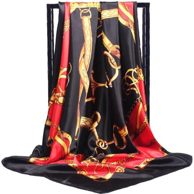 Foulard carré en soie 90 x 90 cm pour femme, châle imprimé en satin, hijab, écharpe carrée de luxe pour dame, bandana, paréo pour fille One Size black