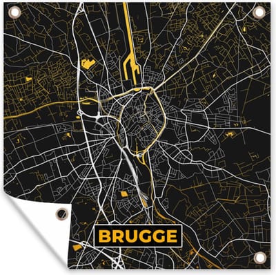 Tuin poster Brugge - Goud - Stadskaart - Kaart - Plattegrond - 200x200 cm - Tuindoek