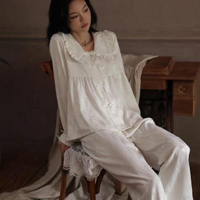 Elegante Jacquard Bloemen Dames Pyjama Set Satijn Twee Stukken Loungewear Casual Ruche Kraag Nachtkleding Prinsessenstijl Pyjama XXL