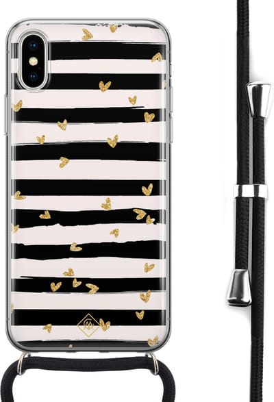 Casimoda® hoesje met koord - Geschikt voor iPhone Xs - Hart Streepjes - Afneembaar koord - Siliconen/TPU - Zwart