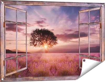 Gards Tuinposter Doorkijk Bloemenveld met Lavendel bij Zonsondergang - 90x60 cm - Tuindoek - Tuindecoratie - Wanddecoratie buiten - Tuinschilderij