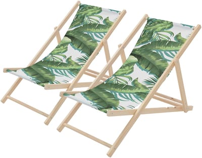 Set van 2 houten tuinligstoelen in tropisch groen en wit opvouwbare strandstoel Strandstoel Ligstoel Relaxligstoel