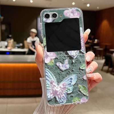 Luxe hoesje met olieverfschilderij van bloemen en vlinders voor Samsung Galaxy Z Flip 6 5 4 3, harde, transparante, opvouwbare hoes voor Samsung Z Flip6 Flip5 For Samsung Z Flip 4 gray