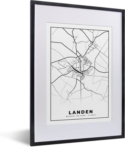 Fotolijst incl. Poster Zwart Wit- Plattegrond – Landen – Zwart Wit – Stadskaart - Kaart - België - 30x40 cm - Posterlijst